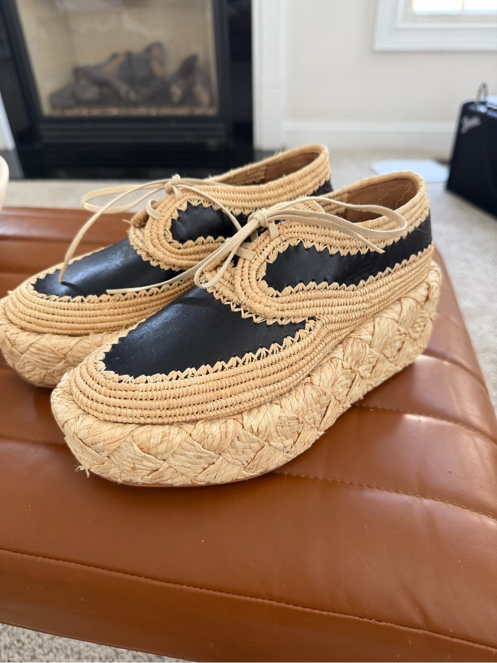 Robert Clergerie Black and Natural Raffia Lace-Up Platform Espadrilles.